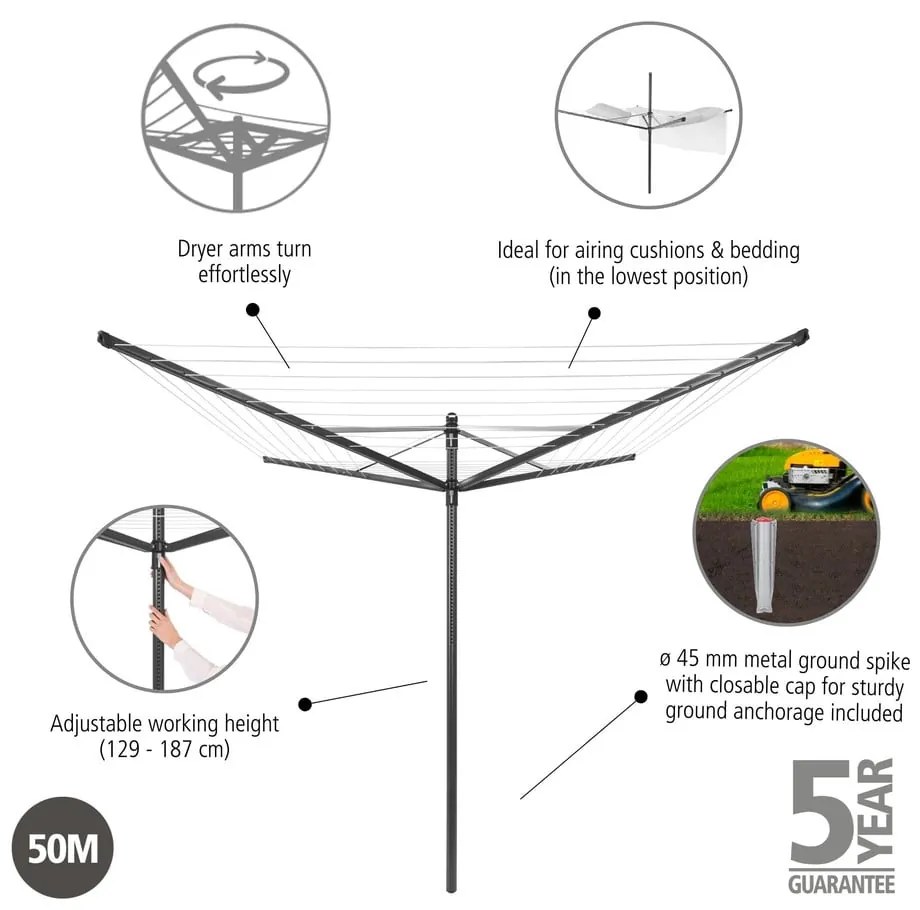 Antracitový vonkajší sušiak na bielizeň 50 m Lift-O-Matic – Brabantia