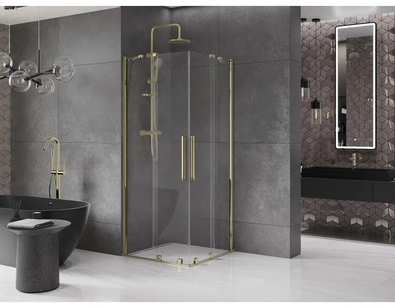 Mexen Velar Duo, sprchový kút s posuvnými dverami 90(dvere) x 90(dvere) cm, 8mm číre sklo, zlatý lesklý profil, 871-090-090-02-50