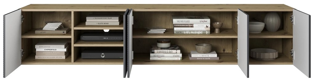 Závesná RTV skrinka Asha 200 cm s ryhovaným frontom - dub artisan / rivier stone mat