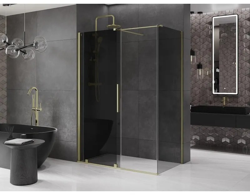 Mexen Velar, sprchový kút s posuvnými dverami 160 x 70 cm, 8mm šedé sklo, zlatá matná, 871-160-070-41-55