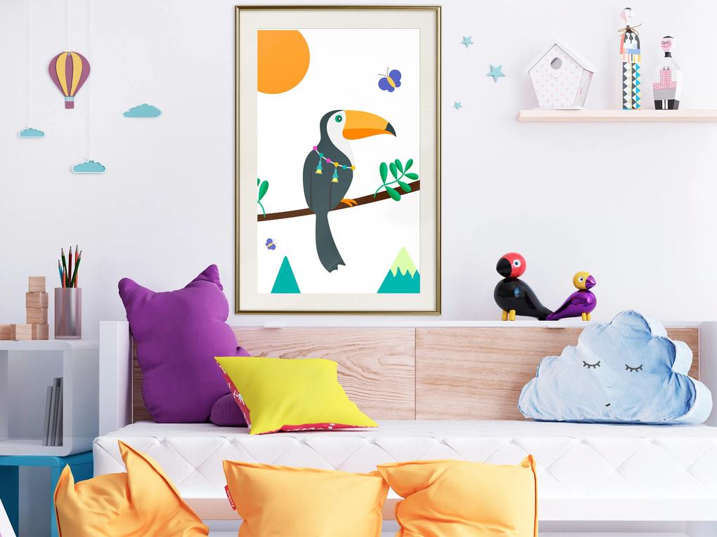 Artgeist Plagát - Toucan And Butterflies [Poster] Veľkosť: 20x30, Verzia: Zlatý rám s passe-partout