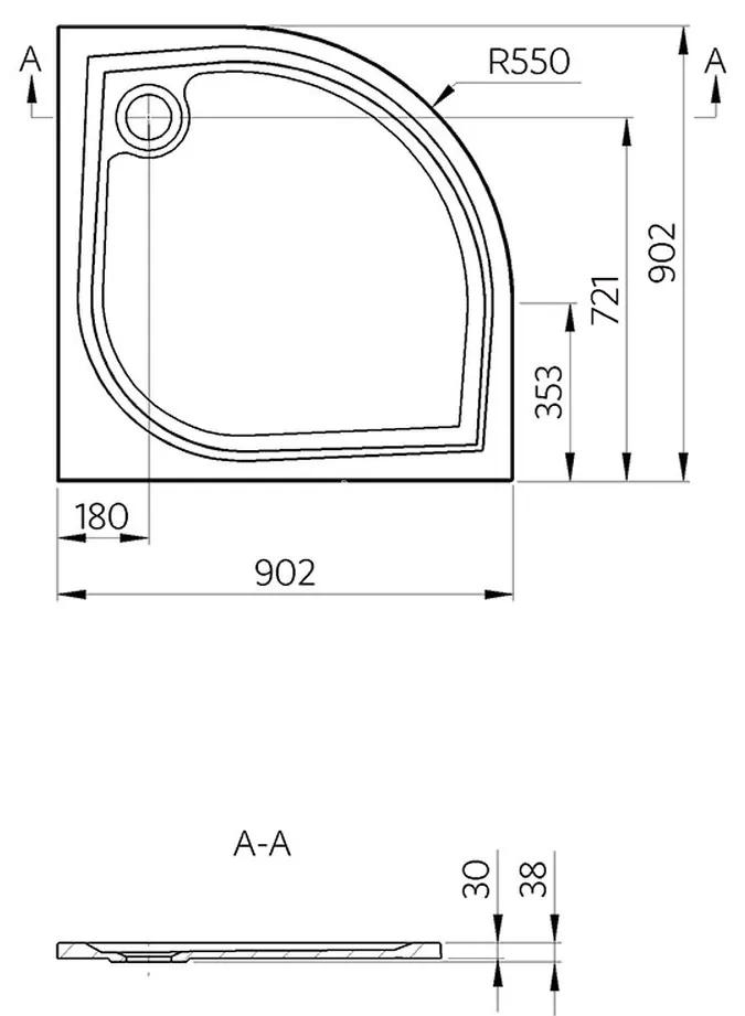 Vima 118 - Vanička štvrťkruh s protišmykom, liaty mramor, 90x90cm