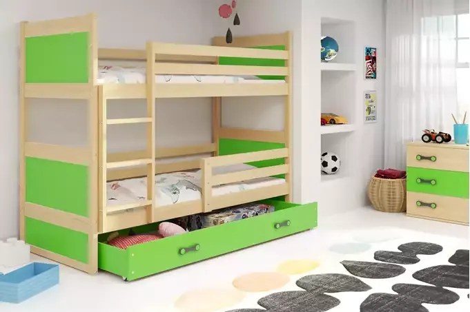 Poschodová posteľ RICO so zásuvkou, prírodná/zelená