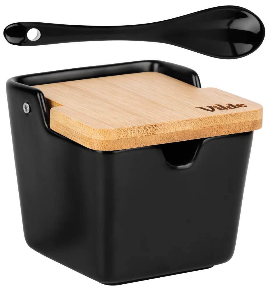 VILDE Čierna keramická dóza na cukor / soľ s bambusovým vrchnákom a lyžičkou, 250ml VILDE, hranatá