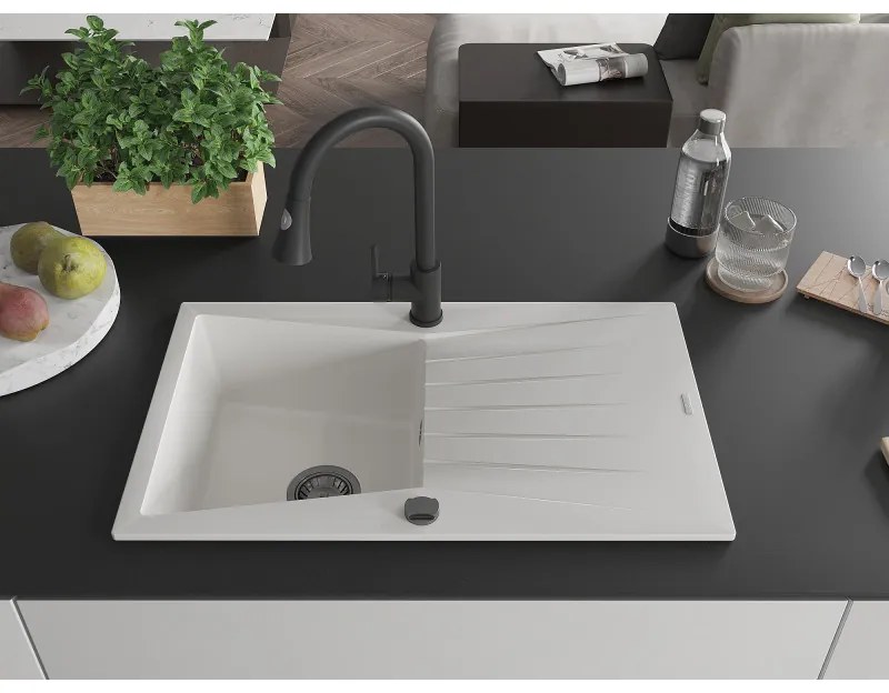 Mexen Cesar, 1-komorový granitový drez 775x470x190 mm a drezová batéria Elia, biela, 6514-20-670101-70