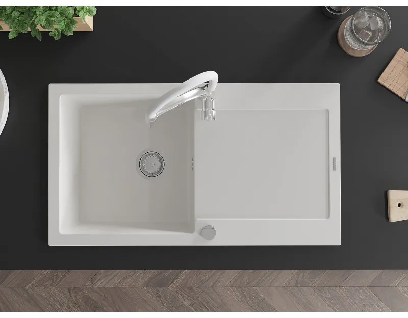 Mexen Leo, granitový drez 900x500x190 mm, 1-komorový a drezová batéria Aster, biela, 6501-20-73450-02