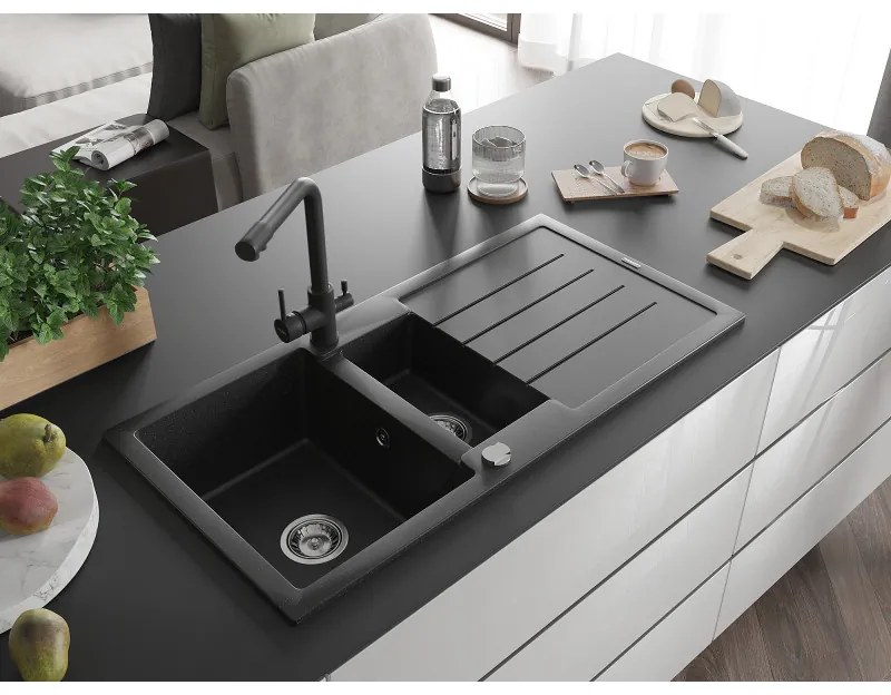 Mexen Andres, granitový drez 1000x500x200 mm, 1,5-komorový + čierna batéria Duero, čierna-strieborná metalíza, 6515-73-671600-70