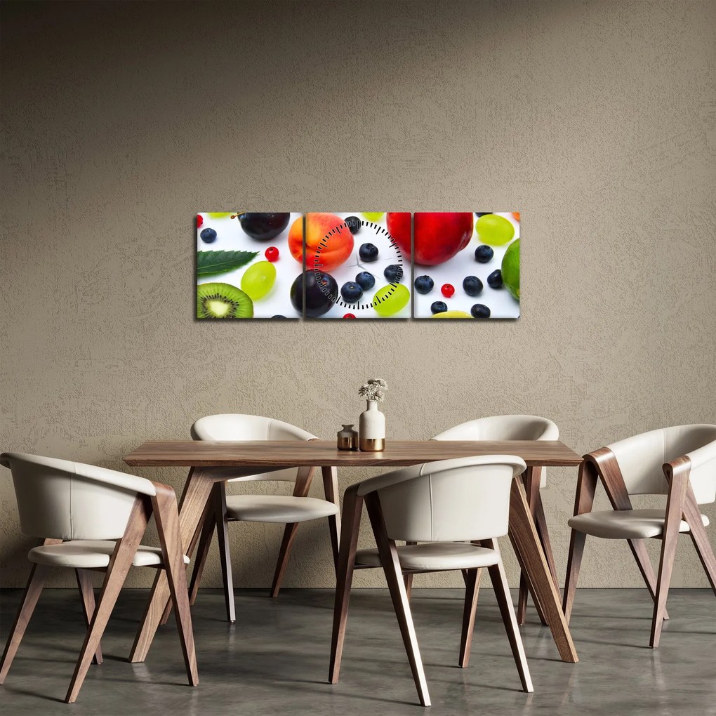 Obraz ovocia s kvapkami vody (s hodinami) (90x30 cm)