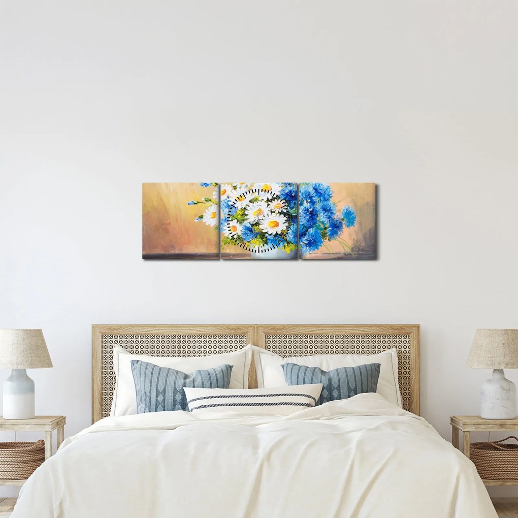 Maľovaný obraz vázy kvetín (s hodinami) (90x30 cm)