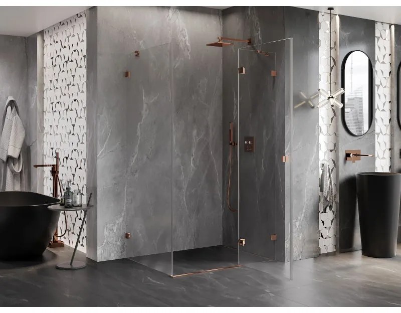 Mexen Lunar, pravostranný výklopný sprchový kút 70 x 90 cm, 8mm číre sklo, ružové zlato profil, 834-070-090-60-00-P