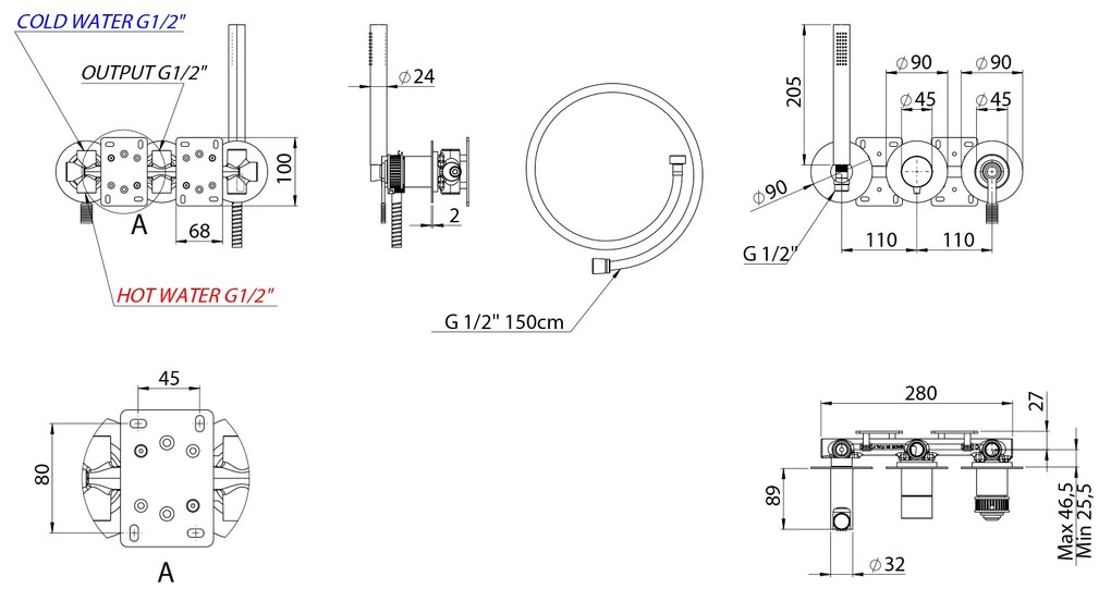 Sapho Sapho, VERSI podomietková sprchová/vaňová batéria, ručná sprcha, 2 výstupy, bronz, RV052/18