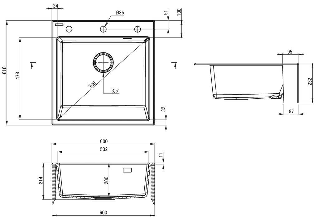 Deante Eridan Farmerski, granitový drez na dosku 600x610x214 mm, 3,5" + priestorovo úsporný sifón, 1-komorový, grafitová metalíza, ZQE_G10K