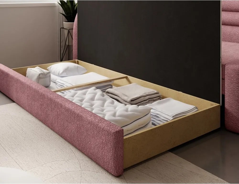 Ružová ženilková rozkladacia/s úložným priestorom pohovka ľavý roh 223 cm Fabillo – ELTAP