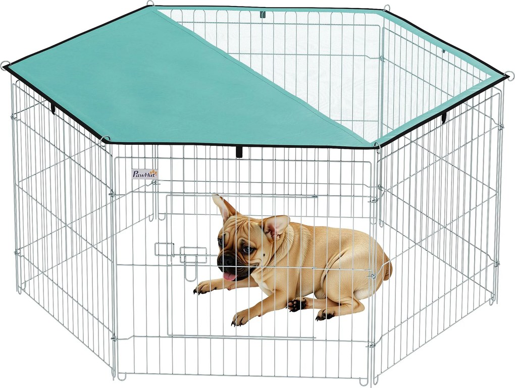 PawHut Obojok pre psa 6 panelov 59x60 cm skladací kovový plot pre domáce zvieratá s dverami a zámkom a vrchným prístreškom do záhrady na terasu vonku