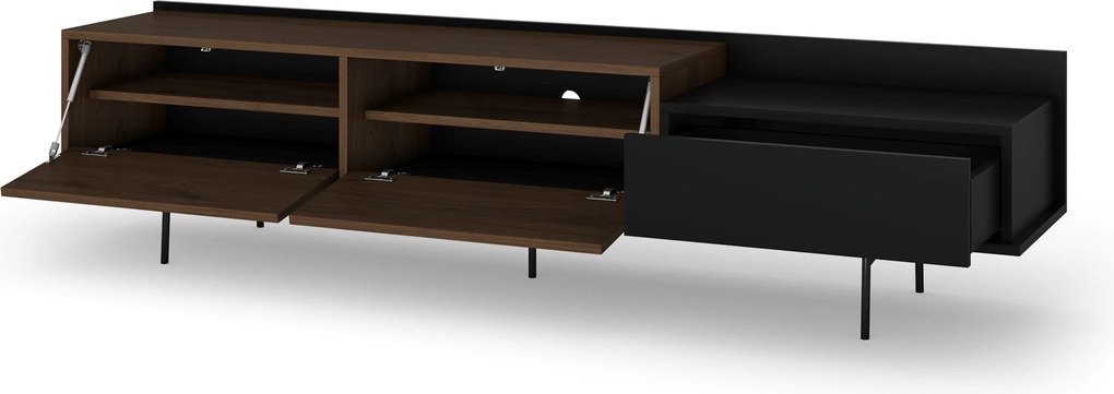 RTV skrinka Zenar 200 cm s kovovými nohami a zásuvkou - elegantný orech / čierna