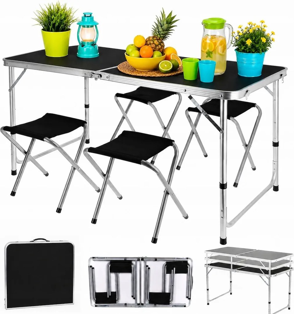 JU Skladací kempingový stolík + 4 stoličky, čierny
