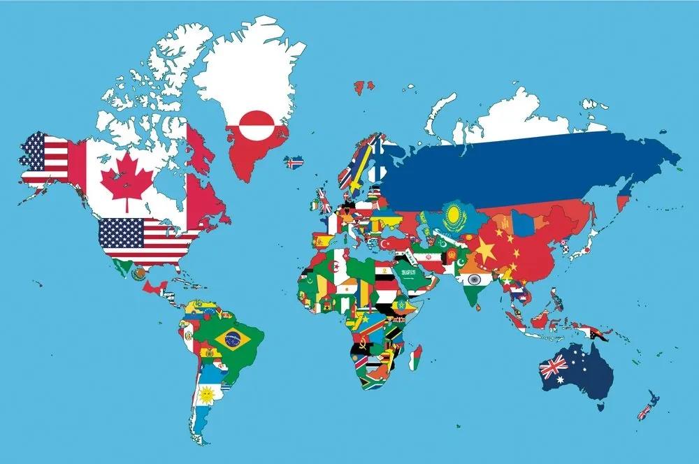 Samolepiaca tapeta mapa sveta s vlajkami - 225x150