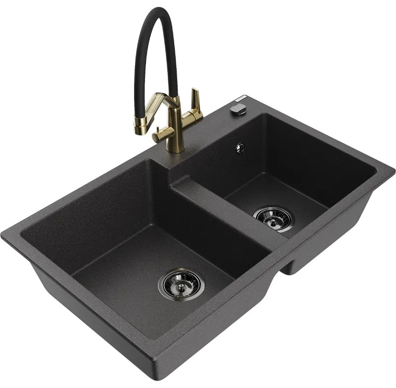 Mexen Tomas, 2-komorový granitový drez 800x500x190 mm a kuchynská batéria Duo, čierna škvrnitá, 6516-76-671701-57-B