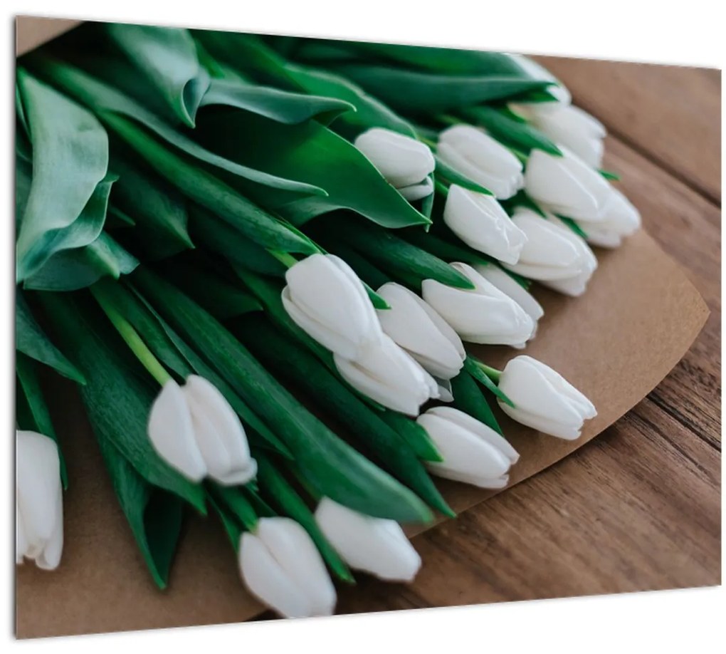Sklenený obraz kytice bielych tulipánov (70x50 cm)