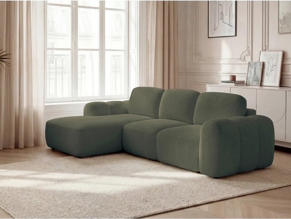 Zelená rozkladacia/s úložným priestorom rohová pohovka z textílie buklé (ľavý roh/s leňoškou) Montaigne – Bobochic Paris