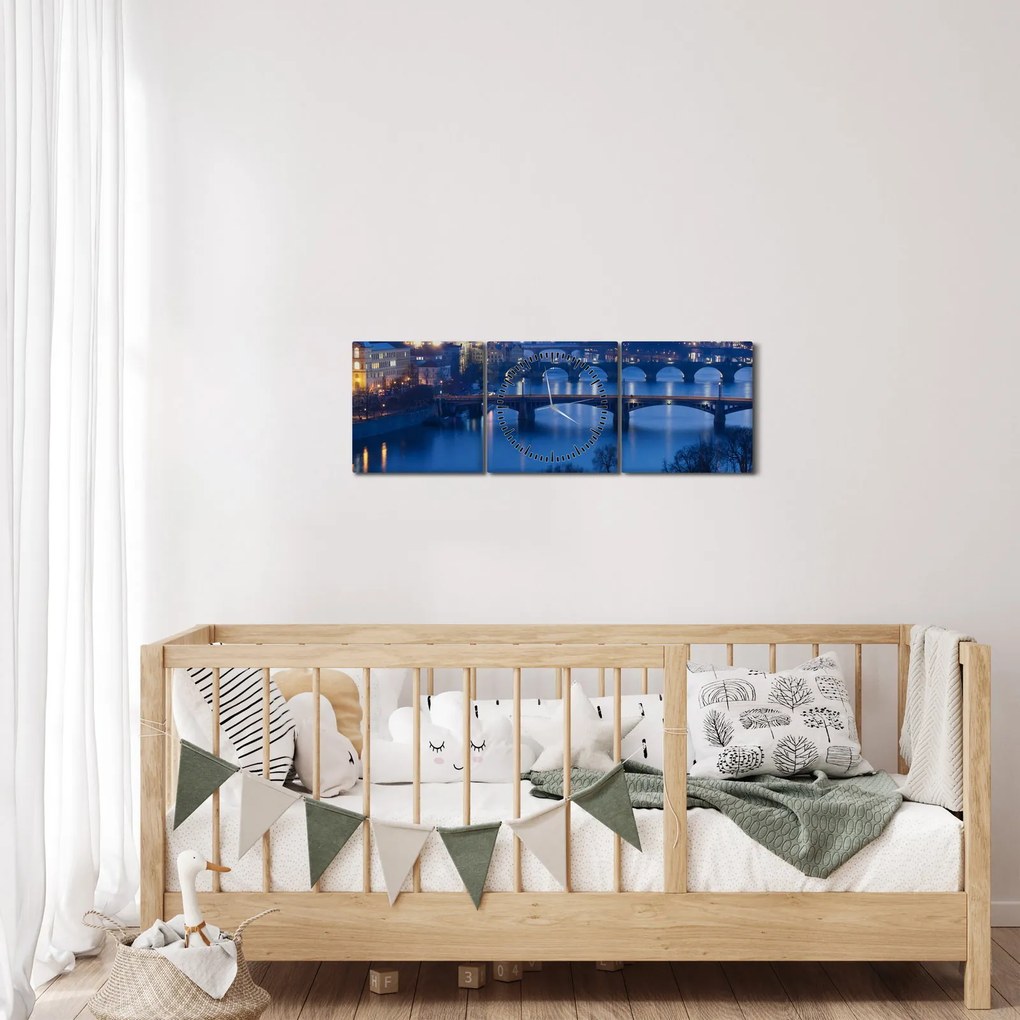 Obraz pražských mostov (s hodinami) (90x30 cm)