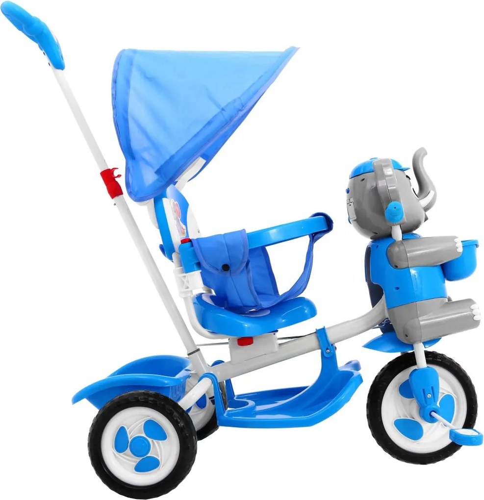 Ramiz Detský trojkolesový bicykel Elephant Modrá + zvuky + strieška + zábrana + opierka na nohy + rukoväť + úložný priestor