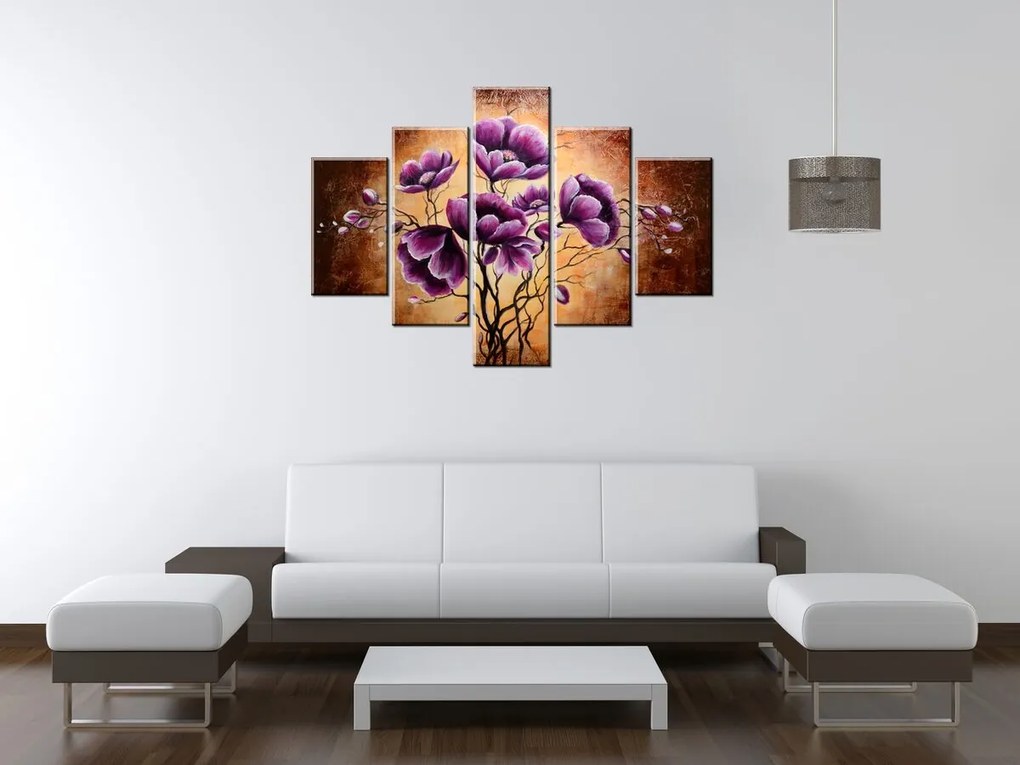 Gario Ručne maľovaný obraz Rastúce fialové kvety - 5 dielny Rozmery: 150 x 105 cm