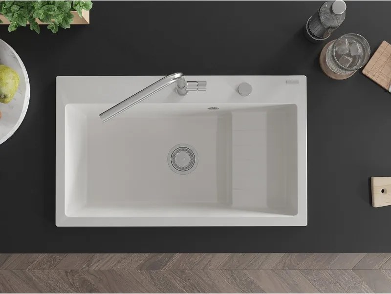 Mexen Omar granitový drez 1-komorový 800 x 480 mm, biely, sifón chróm - 6520801005-20