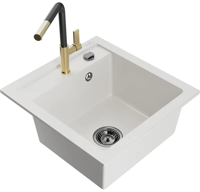 Mexen Vito, 1-komorový granitový drez 490x520x210 mm a drezová batéria Flora, biela, 6503-20-670401-57-B