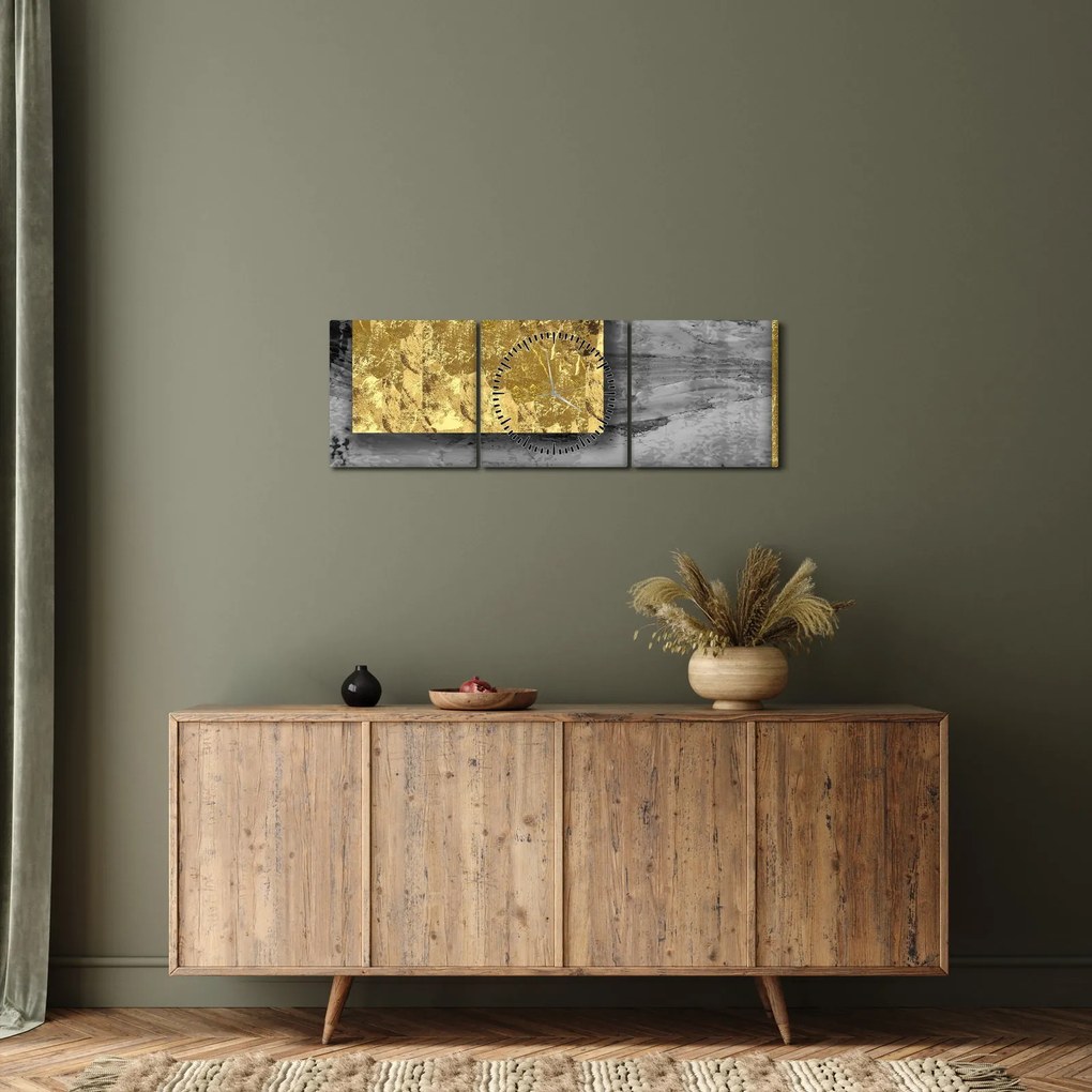 Obraz - Zlaté štvorce N⁰2 (s hodinami) (90x30 cm)