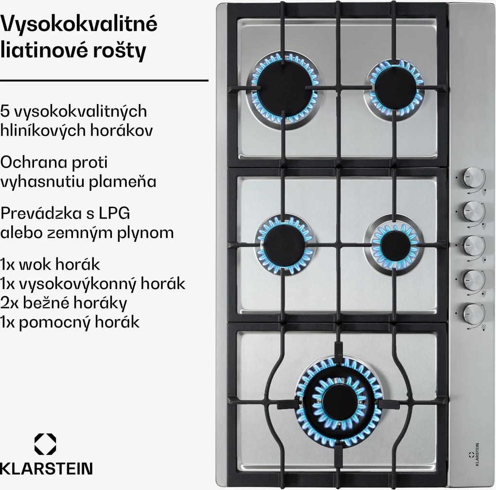 Klarstein Ignito Chef Edition, plynová varná doska, 5 Sabaf horákov, 5 zón, sklokeramika