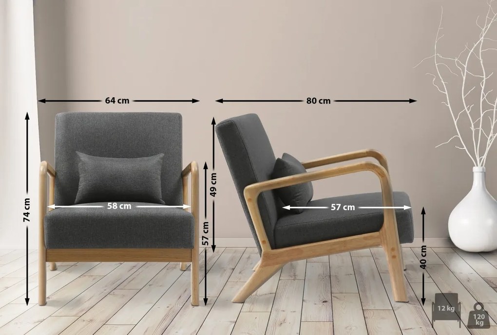Kreslo Hibbing - látka, drevené nohy natur - Tmavo sivá