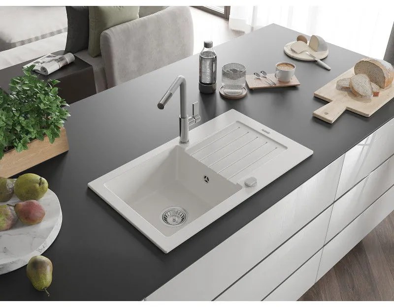 Mexen Pablo, 1-komorový granitový drez 752x436x161 mm a drezová batéria Flora, biela, 6510-20-670401-06