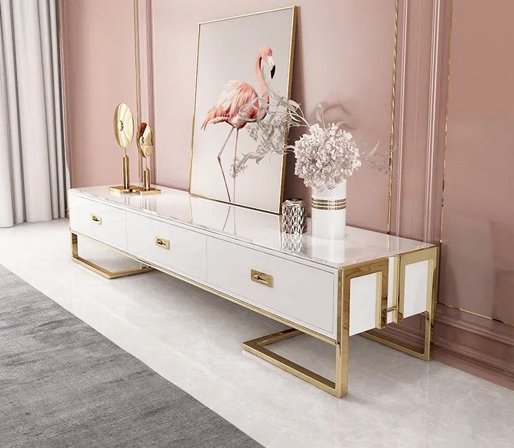 LUXUSNÝ TV STOLÍK KAREN BIELÝ LESK + ZLATÝ