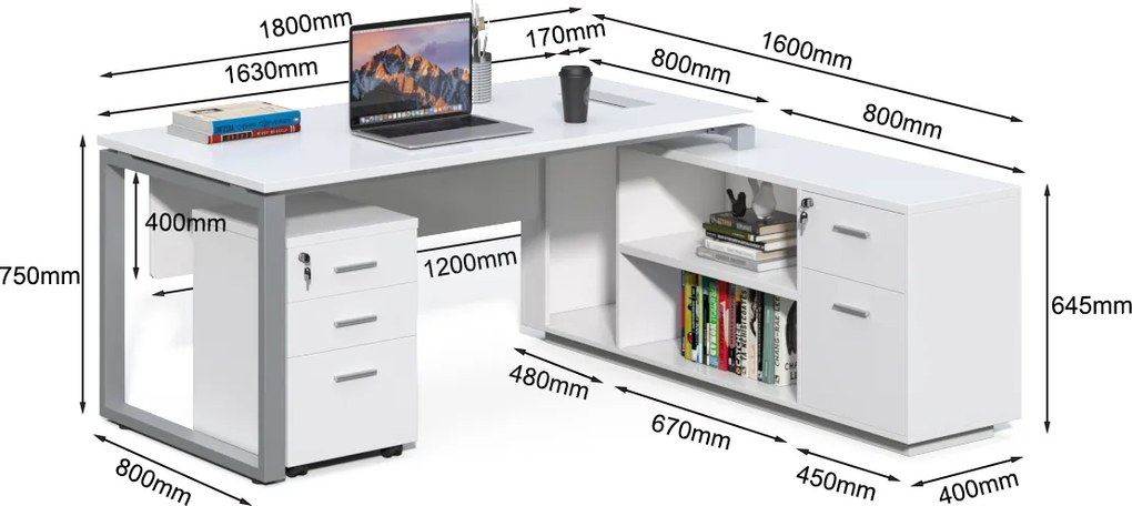 Kancelársky stôl s kontajnerom a komodou Houseland Prime Home 03 180 cm biely
