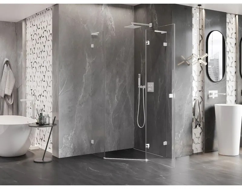 Mexen Lunar, L pravý výklopný päťuholníkový sprchový kút 100 x 100 cm, 8mm číre sklo, biely profil, 831L-100P-100L-20-00-P