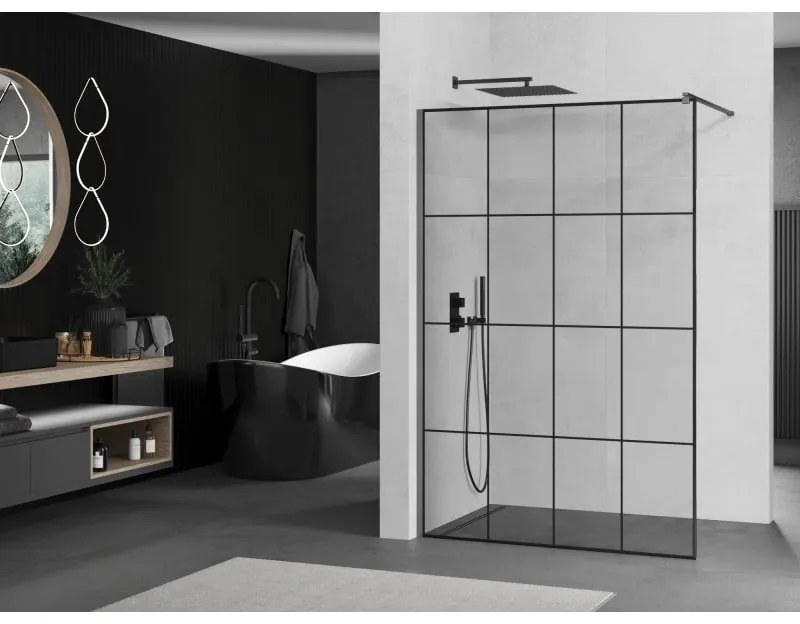 Mexen Kioto, sprchová zástena Walk-In 130 x 200 cm, 8mm číre sklo čierny vzor, grafitový profil, 800-130-101-95-77