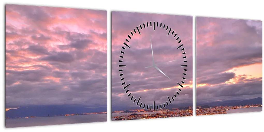Obraz - Súmrak nad mestom (s hodinami) (90x30 cm)