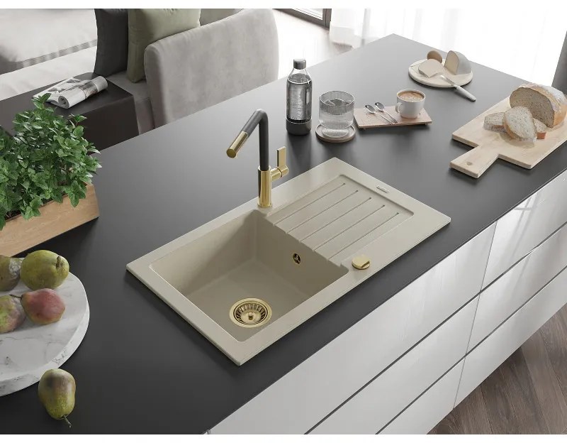 Mexen Pablo, 1-komorový granitový drez 752x436x161 mm a drezová batéria Flora, béžová, 6510-69-670401-57-G