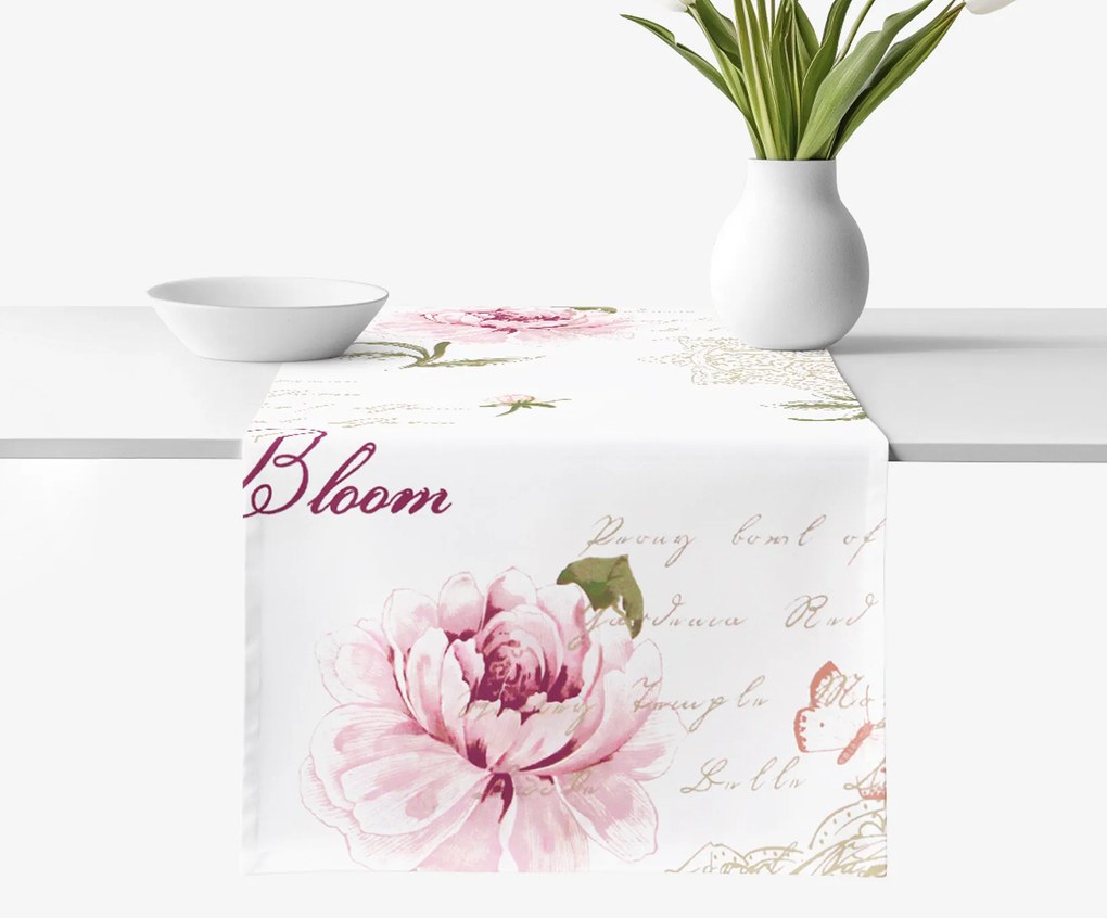 Goldea behúň na stôl 100% bavlnené plátno - pivonky s textami 50x120 cm