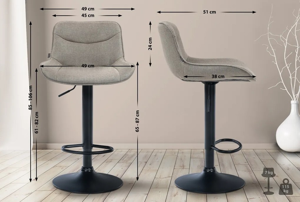 2x Barová stolička Vonore - látka, čierny rám - Sivo hnedá (Taupe)