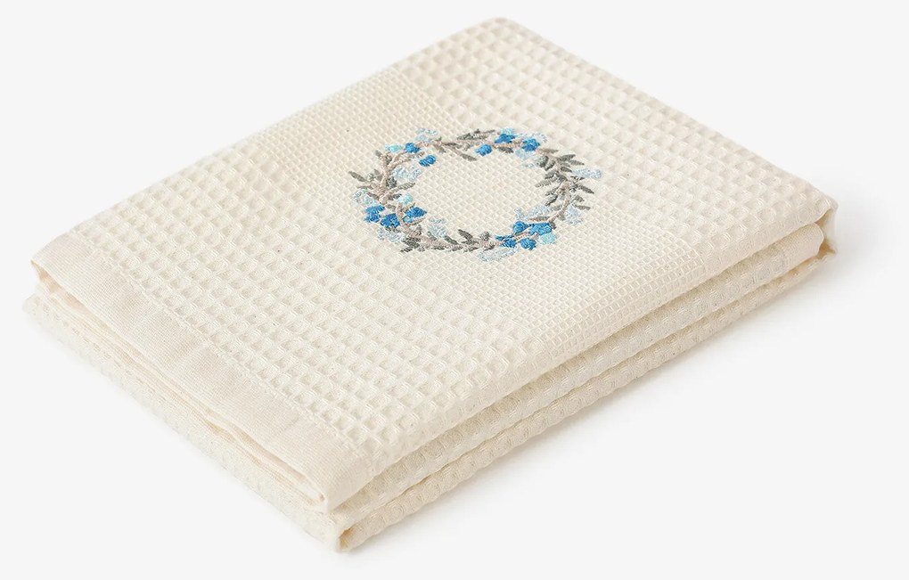 Goldea kuchynská vaflová utierka s výšivkou - nezábudky na smotanovom 50 x 70 cm