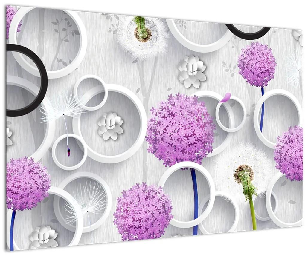 Obraz 3D abstrakcie s kruhmi a kvetinami (90x60 cm)