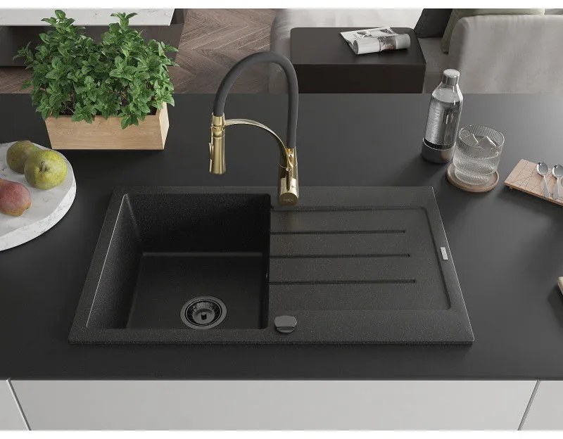 Mexen Bruno, 1-komorový granitový drez 795x495x200 mm a drezová batéria Aster, čierna-strieborná metalíza, 6513-73-73450-57-B