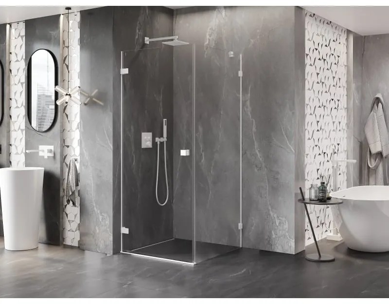 Mexen Lunar-B, výklopný sprchový kút ľavý 70 x 70 cm, 8mm číre sklo, biely profil, 832-070-070-20-00-L