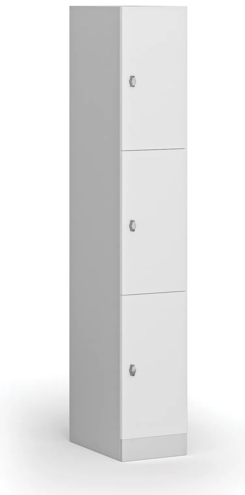 Šatníková skrinka S1 s úložnými boxmi, 3 boxy, 1850 x 300 x 500 mm, demont, otočný zámok, laminované dvere, biela