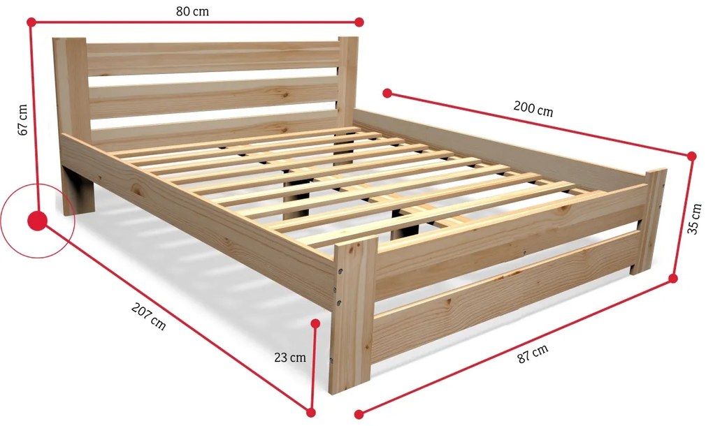 Posteľ z masívu ŠTUDY + rošt ZADARMO + penový matrac DE LUX 14 cm, 80x200cm, prírodný/nelak