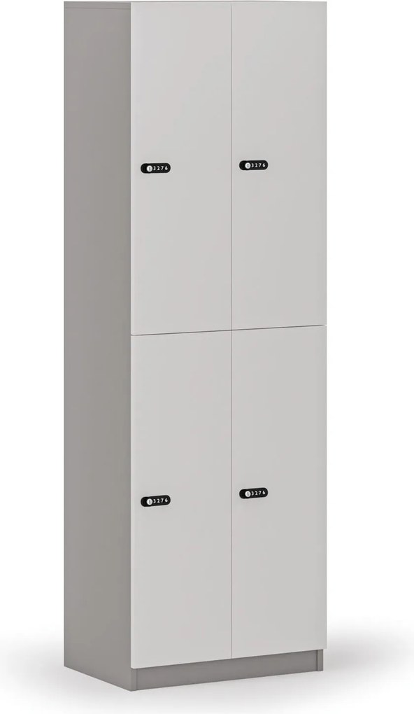 Drevená šatníková skrinka S4 s úložnými boxmi, 4 boxy, demont, mechanický kódový zámok, sivá/biela
