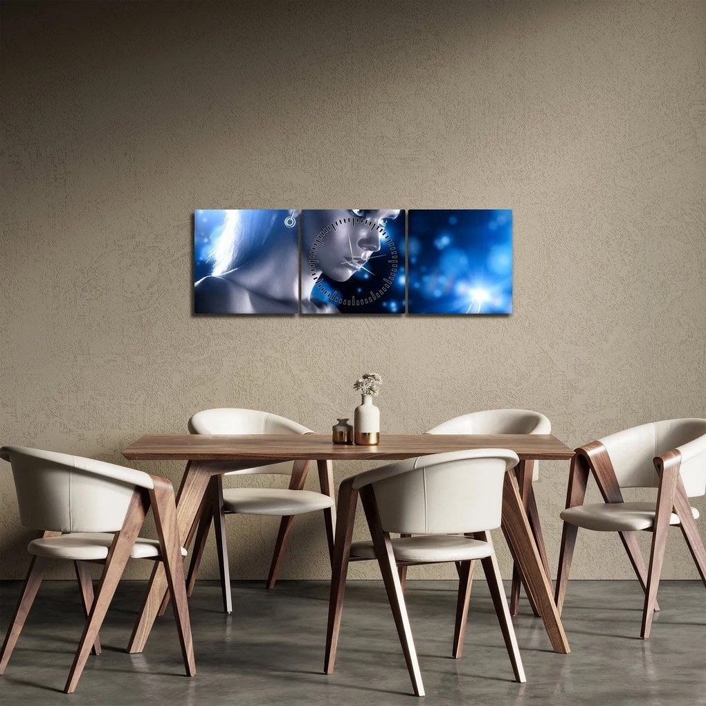 Obraz ženy v modrom lesku (s hodinami) (90x30 cm)