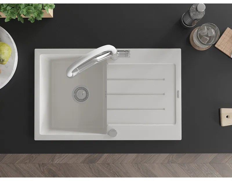Mexen Bruno, 1-komorový granitový drez 795x495x200 mm a drezová batéria Duo, biela, 6513-20-671701-02